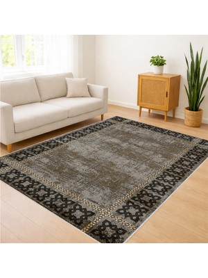 Kahverengi Eskitme Desenli Oturma Odası Halısı Antialerjik Kaymaz Tabanlı Günlük Kullanıma Uygun - Fnl-33