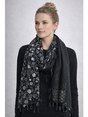 Gönülden Tasarım Siyah Triko ve Şifon Çiçekli Tasarım Kadın Fular Şal 180X50 cm