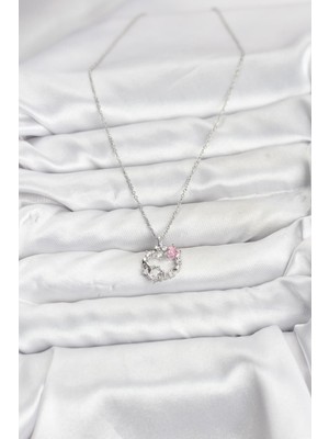 Bsre Gümüş Renk Pembe Taş Detaylı Çelenk Figürlü Kadın Kolye (316L Çelik)