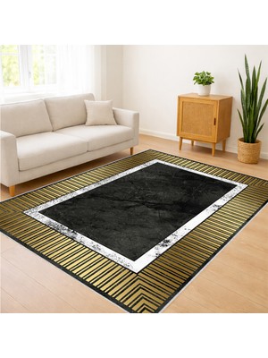 Siyah Zemin Üzerine Altın Çerçeveli Modern Oturma Odası Halısı Yıkanabilir Kaymaz Tabanlı Şık Tasarım - FNL-123