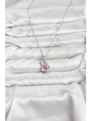 Bsre Gümüş Renk Pembe Kuğu Figürlü Zirkon Taşlı Kadın Kolye (316L Çelik)