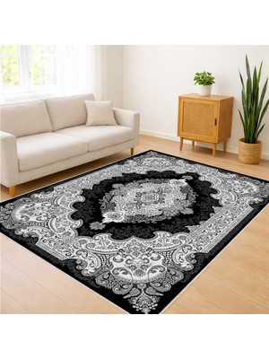 Siyah Beyaz Oval Desenli Klasik Salon Halısı Antialerjik Kaymaz Tabanlı Şık ve Zamansız Tasarım - Fnl-88