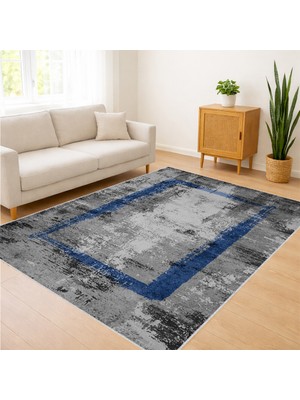 Gri Zeminli Mavi Detaylı Modern Oturma Odası Halısı Yıkanabilir Antialerjik Kaymaz Tabanlı - Fnl-36