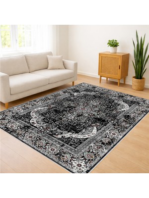 Siyah ve Gri Yoğun Desenli Klasik Salon Halısı Yıkanabilir Leke Tutmaz Kaymaz Tabanlı - FNL-227
