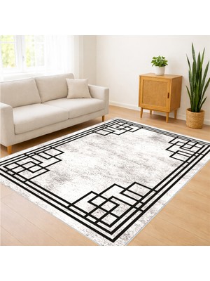 Siyah Zeminli Geometrik Çizgili Salon Halısı Toz Tutmaz Kaymaz Tabanlı Modern Yaşam Alanları Için - FNL-179