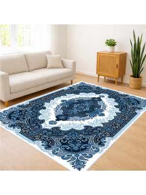 Lacivert Tonlarda Oval Klasik Desenli Salon Halısı Yıkanabilir Toz Tutmaz Kaymaz Tabanlı - Fnl-89