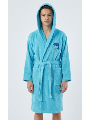 Hera Textile Kapüşonlu ve Kemerli Pamuklu TURKUAZ Erkek-Kız Genç Çocuk Bornozu(PAMUKLU-YUNUS NAKIŞLI-YUMUŞAK)