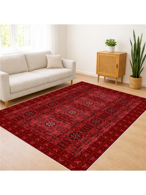 Kırmızı Klasik Desenli Salon Halısı Antialerjik Kaymaz Tabanlı Geleneksel Dekor Uyumlu - FNL-199