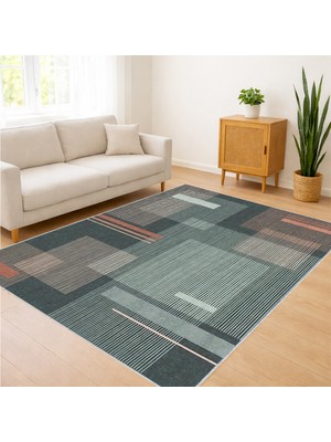 Yeşil Tonlu Modern Desenli Oturma Odası Halısı Yıkanabilir Antialerjik Kaymaz Tabanlı - FNL-207