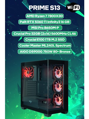 Game Garaj Prime S13 Amd Ryzen 7 7800X3D 32GB RAM 1TB SSD RTX5060Ti 240MM Sıvı Soğutma Freedos Oyuncu OEM Paket