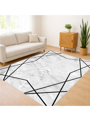 Beyaz Zeminli Siyah Geometrik Çizgili Salon Halısı Yıkanabilir Toz Tutmaz Kaymaz Tabanlı - SM-152