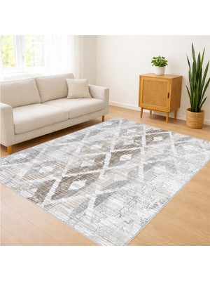 Açık Gri ve Krem Tonlarda Geometrik Desenli Salon Halısı Yıkanabilir Kaymaz Tabanlı Toz ve Leke Tutmaz Ferah Kullanım - FNL-445