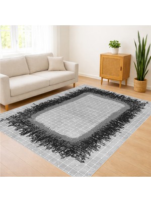 Açık Gri Zeminli Çerçeveli Modern Salon Halısı Toz Tutmaz Kaymaz Tabanlı Sade Şıklık - FNL-471