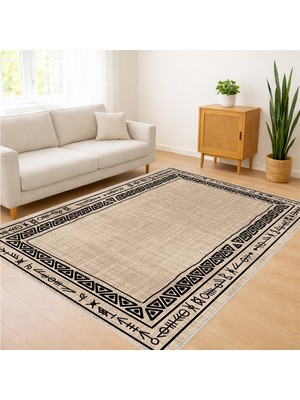 Bej Zeminli Klasik Bordürlü Salon Halısı Yıkanabilir Toz Tutmaz Kaymaz Tabanlı - SM-288