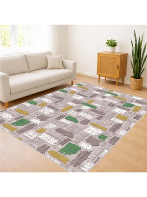 Renkli Kare Desenli Salon Halısı Toz Tutmaz Kaymaz Tabanlı Modern ve Eğlenceli Tasarım - FNL-311