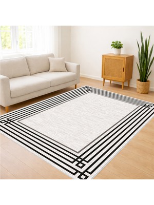 Bej Zeminli Ince Çizgili Sade Salon Halısı Antialerjik Kaymaz Tabanlı Minimal Stil - SM-460