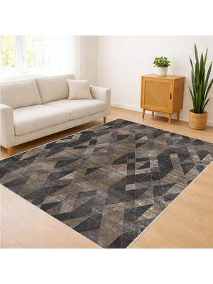 Koyu Gri ve Siyah Tonlarda Geometrik Desenli Oturma Odası Halısı Toz Tutmaz Kaymaz Tabanlı - FNL-308