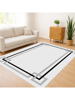 Beyaz Zeminli Siyah Kalın Çerçeveli Modern Salon Halısı Toz Tutmaz Kaymaz Tabanlı Net Kontrast - SD-1129