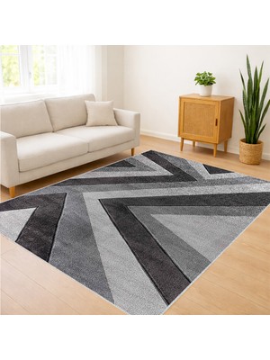 Antrasit ve Gri Tonlarda Zigzag Desenli Salon Halısı Yıkanabilir Antialerjik Kaymaz Tabanlı - RVG1037