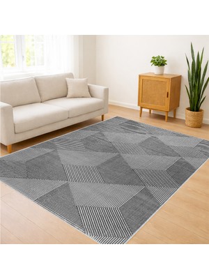 Gri Tonlarda Geometrik Geçişli Modern Salon Halısı Toz Tutmaz Kaymaz Tabanlı Sade Kullanım - RVG1088