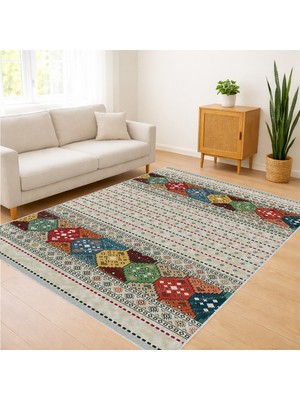 Renkli Etnik Bordürlü Salon Halısı Yıkanabilir Toz Tutmaz Kaymaz Tabanlı - SM-321