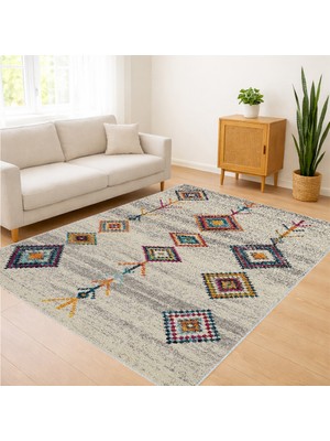 Bej Zeminli Renkli Etnik Motifli Salon Halısı Yıkanabilir Toz Tutmaz Kaymaz Tabanlı - SM-329