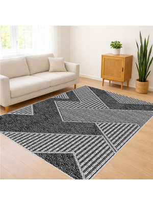 Gri Tonlarda Keskin Geometrik Desenli Salon Halısı Antialerjik Kaymaz Tabanlı Modern Görünüm - SM-599