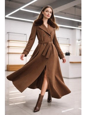 Esin Giyim Kürk Yakalı Kruvaze Kaşe Manto