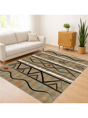 Bej Zeminli Etnik Geometrik Desenli Salon Halısı Toz Tutmaz Kaymaz Tabanlı Modern Dokunuş - FNL-378
