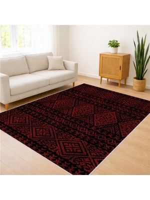Koyu Kırmızı Geometrik Desenli Salon Halısı Toz Tutmaz Kaymaz Tabanlı Güçlü Dekorasyon - SD-842