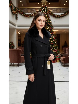 Esin Giyim Kürk Yakalı Kruvaze Kaşe Manto