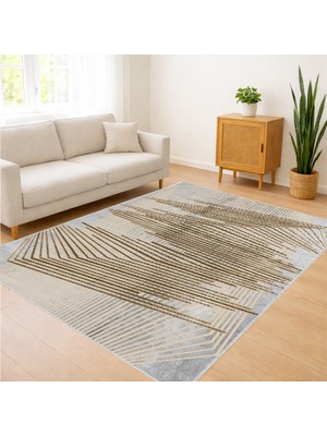 Bej ve Krem Tonlarda Çizgisel Modern Desenli Salon Halısı Yıkanabilir Kaymaz Tabanlı Toz ve Leke Tutmaz Ferah Yaşam Alanları Için - FNL-383