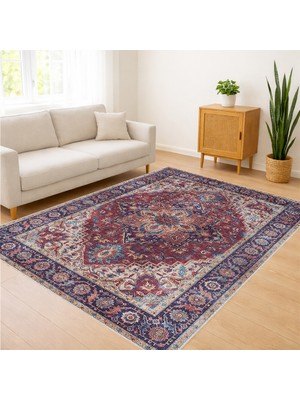 Kırmızı ve Lacivert Tonlarda Klasik Desenli Salon Halısı Antialerjik Kaymaz Tabanlı Zamansız Dekorasyon - SM-698