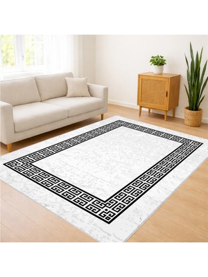 Beyaz Zeminli Siyah Bordürlü Salon Halısı Yıkanabilir Antialerjik Kaymaz Tabanlı - SD-1078