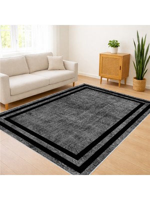 Siyah Zeminli Sade Çerçeveli Salon Halısı Yıkanabilir Kaymaz Tabanlı Net Kontrast - SM-453