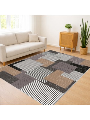 Bej ve Gri Tonlarda Patchwork Desenli Salon Halısı Yıkanabilir Kaymaz Tabanlı - SM-418
