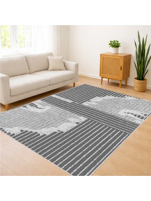 Gri ve Beyaz Tonlarda Soyut Desenli Salon Halısı Antialerjik Kaymaz Tabanlı - SM-481