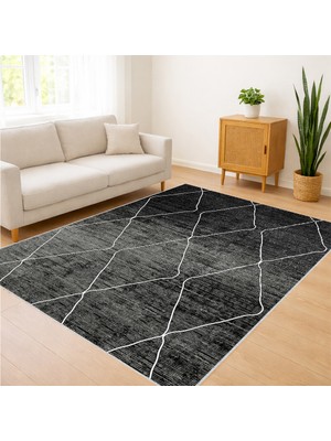 Antrasit Tonlarda Geometrik Çizgili Salon Halısı Yıkanabilir Toz Tutmaz Kaymaz Tabanlı - SM-181