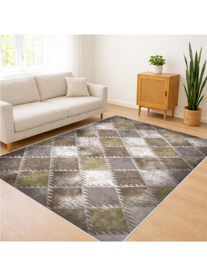 Bej ve Kahverengi Tonlarda Kare Desenli Salon Halısı Antialerjik Kaymaz Tabanlı - FNL-316