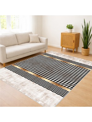 Bej ve Siyah Çizgili Modern Salon Halısı Yıkanabilir Toz Tutmaz Kaymaz Tabanlı - SD-1188