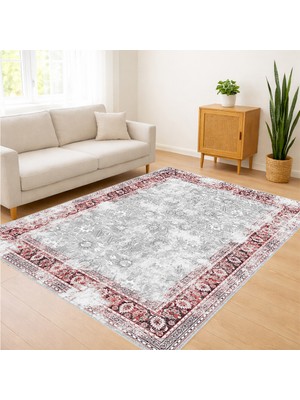 Kırmızı Çerçeveli Klasik Desenli Salon Halısı Toz Tutmaz Kaymaz Tabanlı Geleneksel Şıklık - FNL-427
