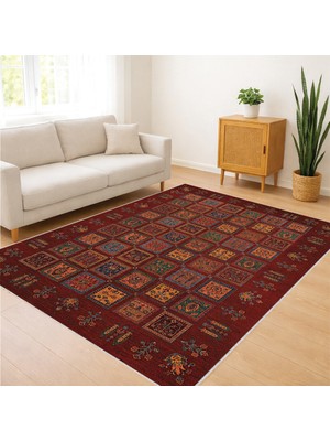 Kırmızı Zeminli Geleneksel Motifli Salon Halısı Yıkanabilir Kaymaz Tabanlı Klasik Stil - SM-598
