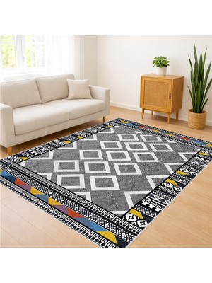 Gri ve Sarı Detaylı Geometrik Desenli Salon Halısı Toz Tutmaz Kaymaz Tabanlı Modern Görünüm - SD-762