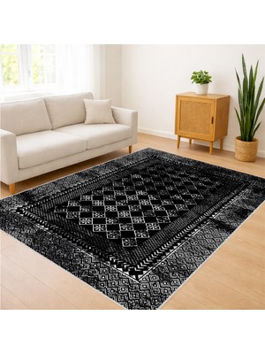 Siyah Zeminli Kabartma Görünümlü Salon Halısı Yıkanabilir Antialerjik Kaymaz Tabanlı Güçlü Görünüm - SD-1137