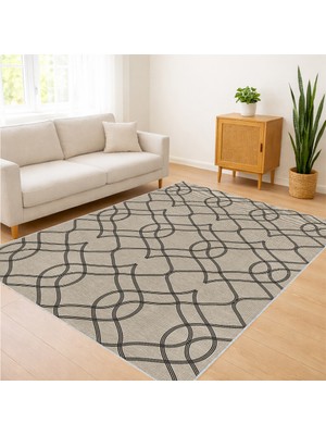 Bej ve Gri Tonlarda Geometrik Geçişli Salon Halısı Toz Tutmaz Kaymaz Tabanlı Modern Görünüm - FNL-479