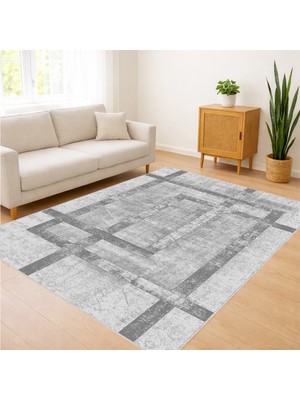 Gri Zeminli Taş Dokulu Modern Salon Halısı Yıkanabilir Kaymaz Tabanlı - SM-458