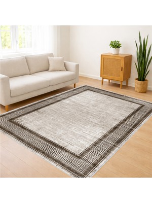 Bej ve Gri Tonlarda Klasik Bordürlü Salon Halısı Antialerjik Kaymaz Tabanlı - SM-510