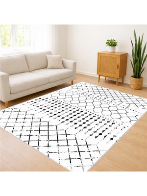 Beyaz Zeminli Siyah Geometrik Çizgili Salon Halısı Antialerjik Kaymaz Tabanlı Net Kontrast - SD-1170