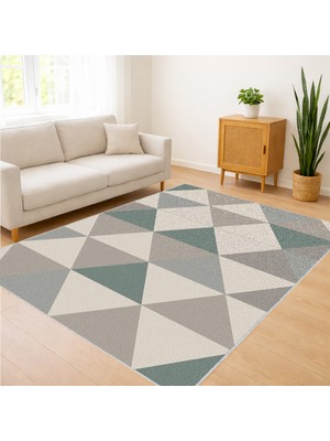 Pastel Tonlarda Üçgen Geometrik Desenli Salon Halısı Yıkanabilir Kaymaz Tabanlı - SM-350