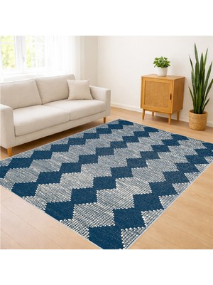 Mavi Tonlarda Zigzag Desenli Salon Halısı Antialerjik Kaymaz Tabanlı Ferah Görünüm - Sm-13